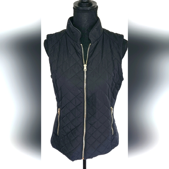 New York & Company Fitted Quilted Black Vest Gold Zipper Sz Sm - Picture 2 of 6